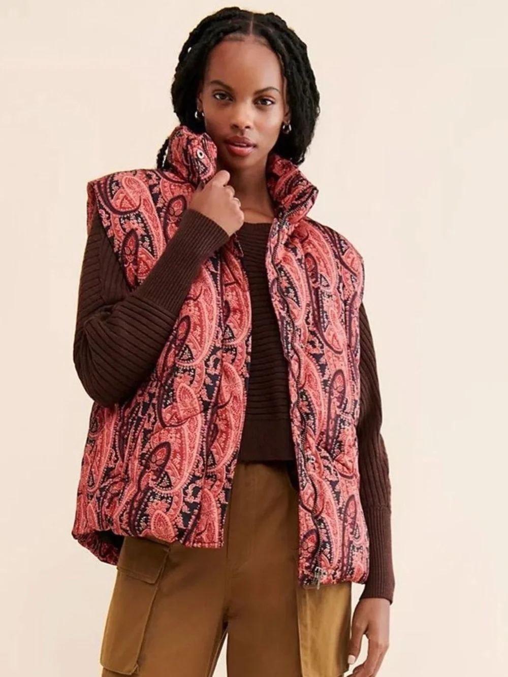 Free People Pink Paisley Quilted Vest